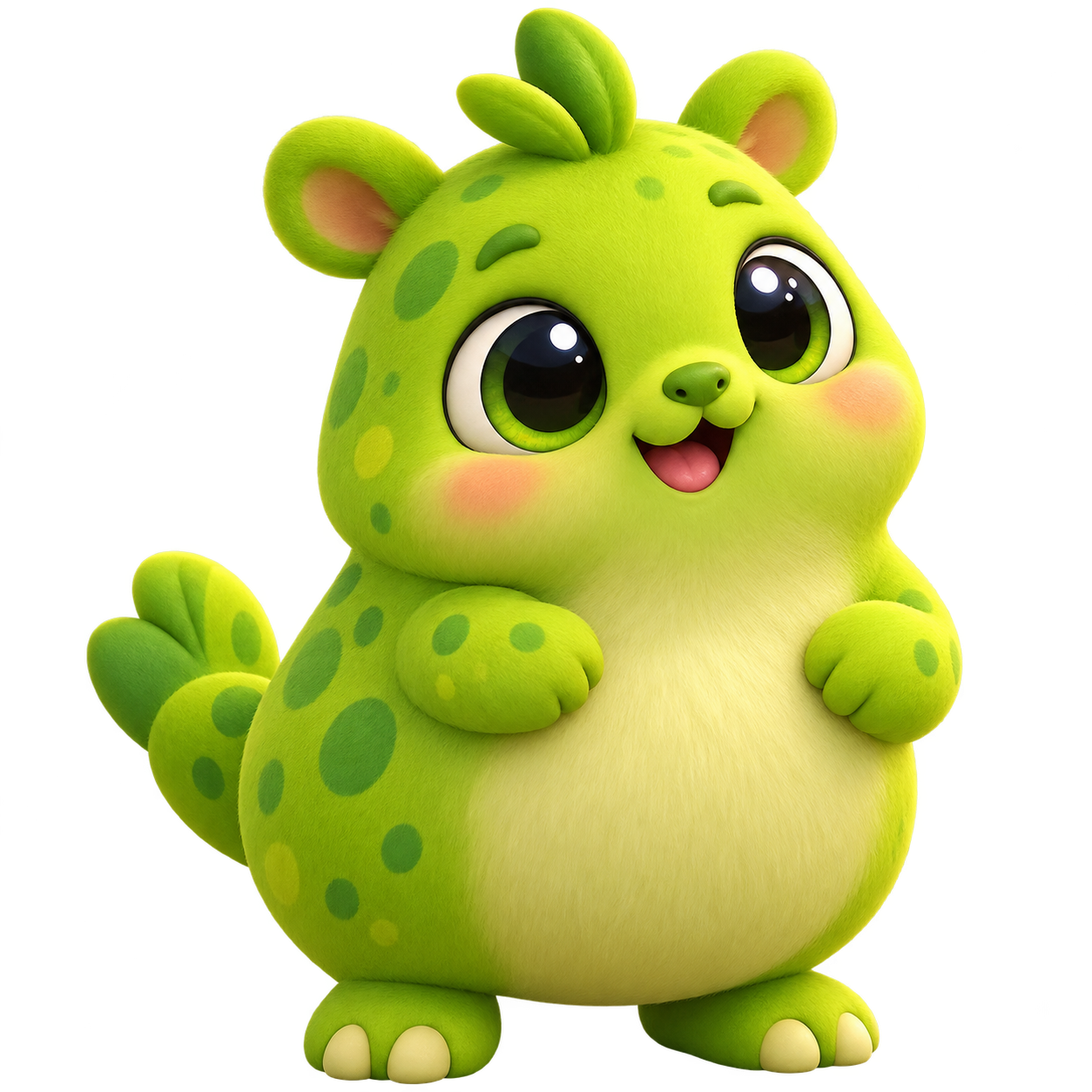 A round lime-green creature with big glossy eyes and tiny paws